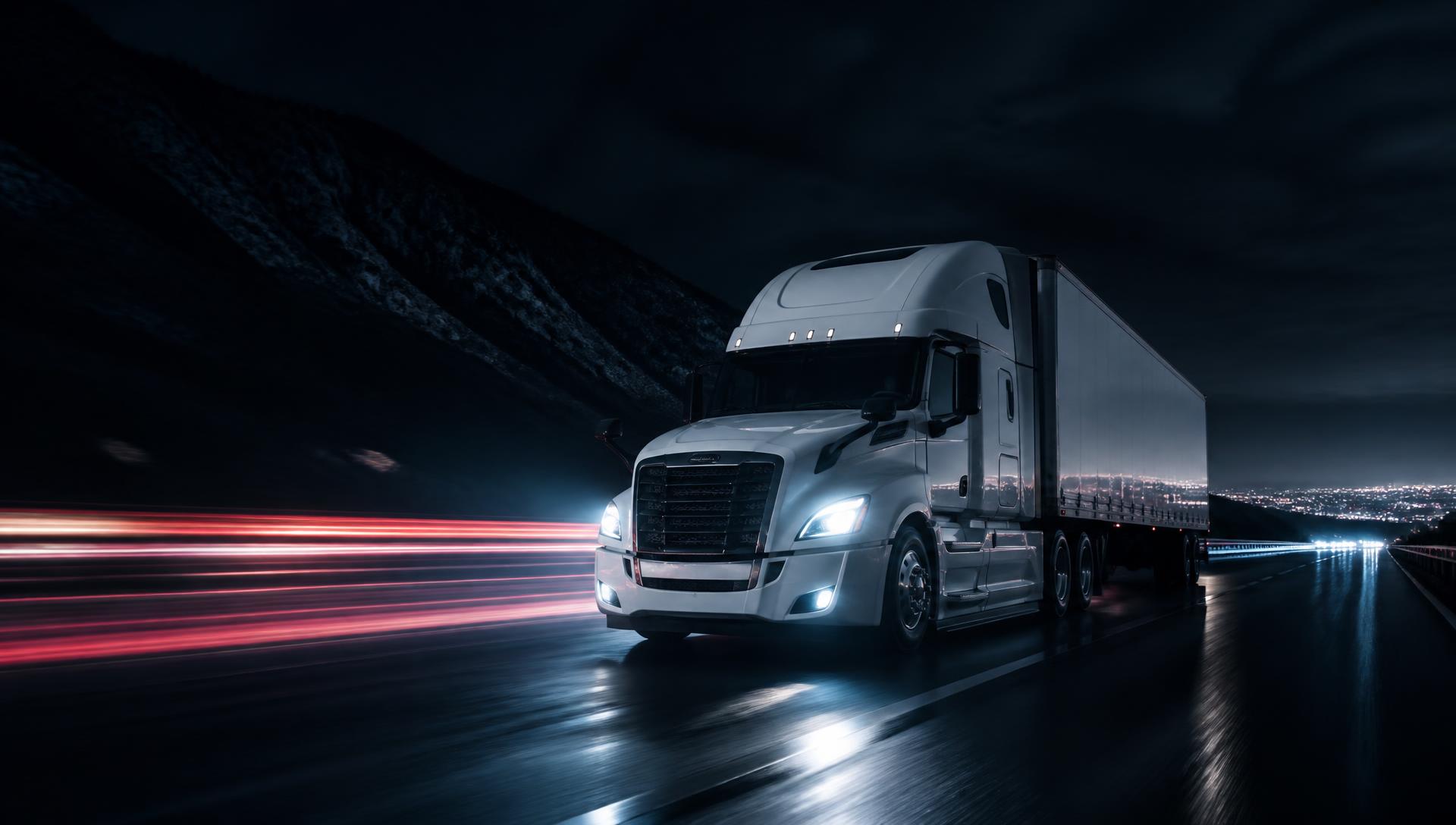 Semi truck traveling on a dark California highway at night with light trails